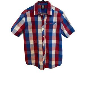 RS Ryan Sheckler Short Sleeve Skater Shirt Red White‎ Blue Plaid XL Cotton